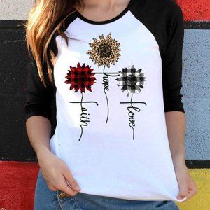Raglan Three quarter Sleeve Plaid Leopard Sunflower Print Casual O-Neck T Shirts
